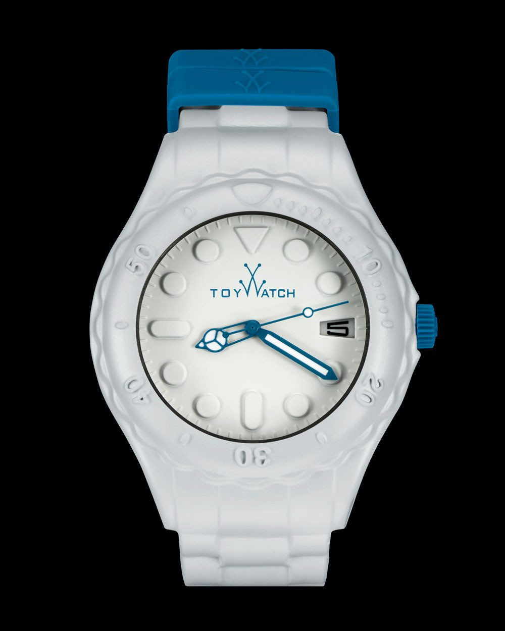 ToyWatch TOYFLOAT WHITE watch with white silicone strap and round silver dial, displayed on a neutral background.