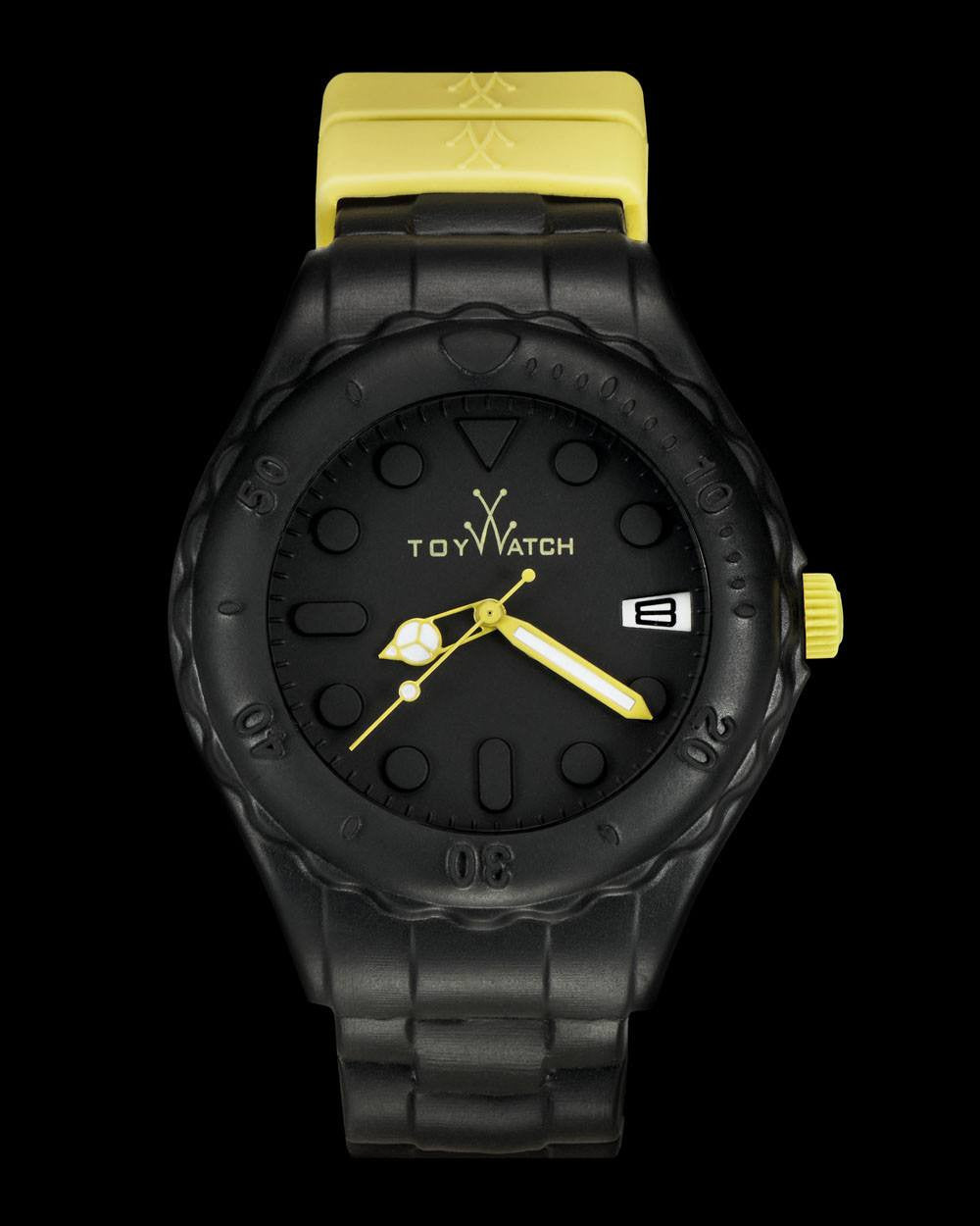 Black ToyWatch TOYFLOAT watch with sleek design and round dial, featuring a black strap and minimalist style.