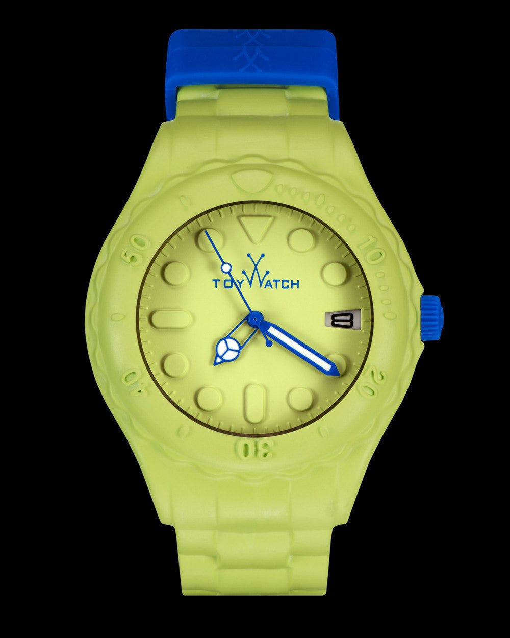 ToyWatch TOYFLOAT Green watch with a green silicone strap and round dial, displayed on a neutral background.