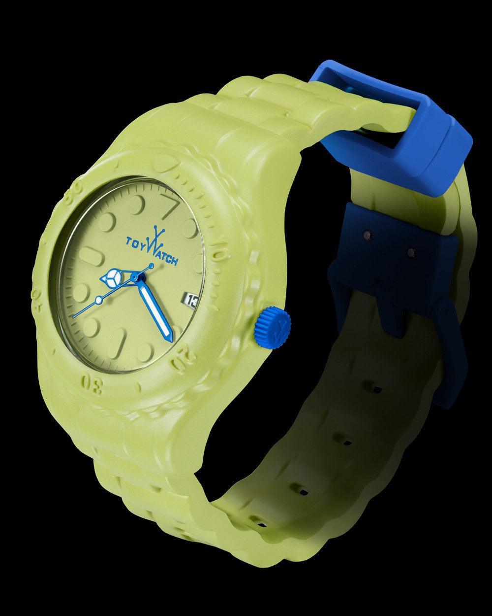 ToyWatch TOYFLOAT Green watch with a sleek green strap and round dial, showcasing modern design and vibrant color.