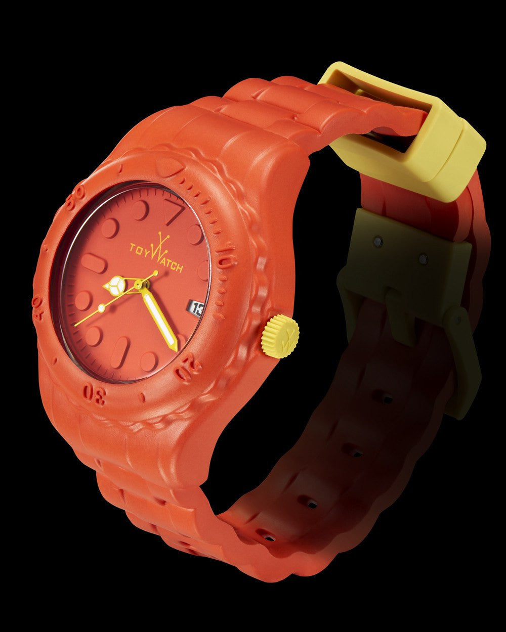 ToyWatch TOYFLOAT orange watch with round dial and silicone strap, displayed on a white background.