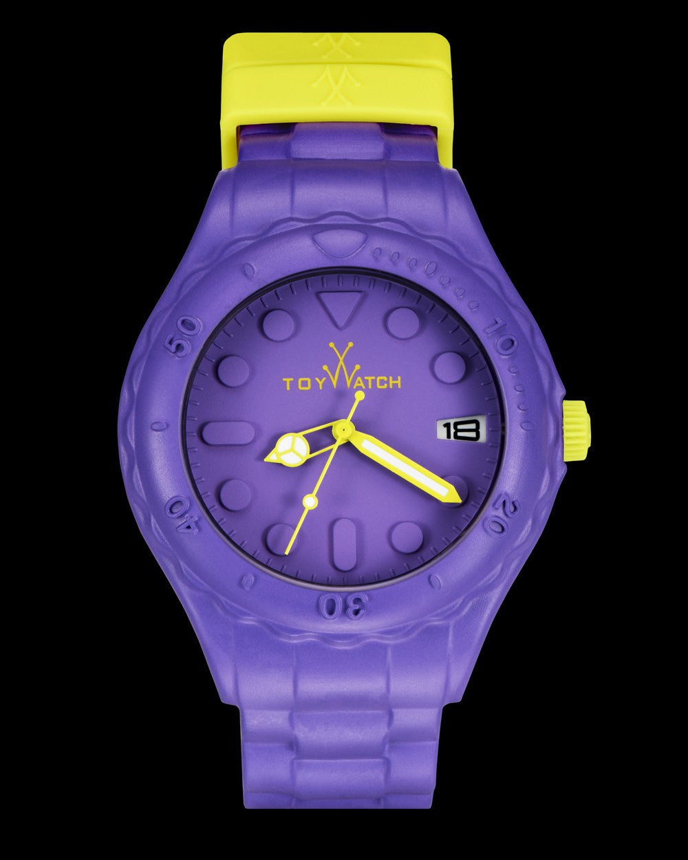ToyWatch ToyFloat Violet watch with a round purple dial and silver strap, showcasing a stylish and colorful timepiece.