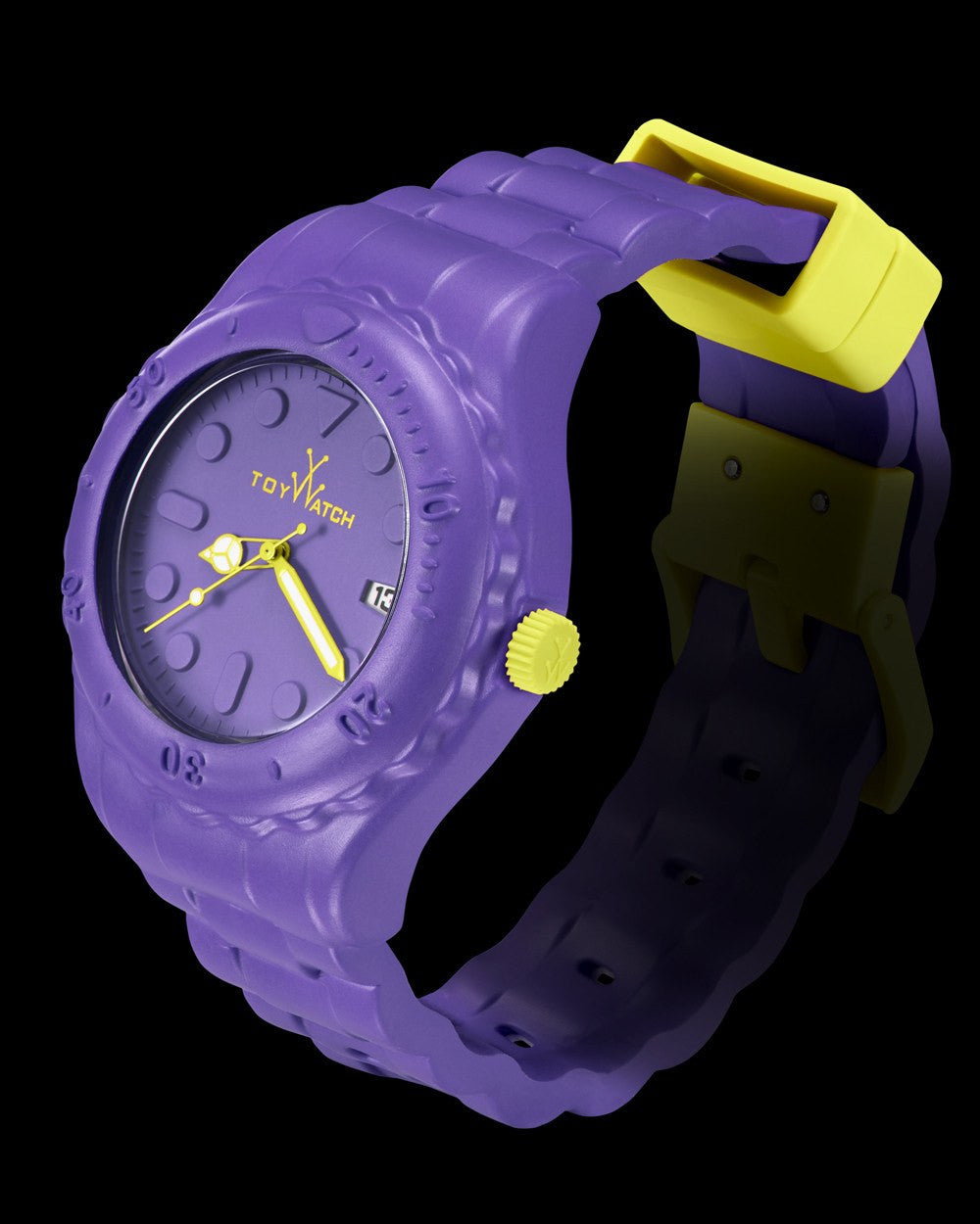 ToyWatch TOYFLOAT VIOLET watch with a purple strap and round dial, showcasing a modern and stylish design.