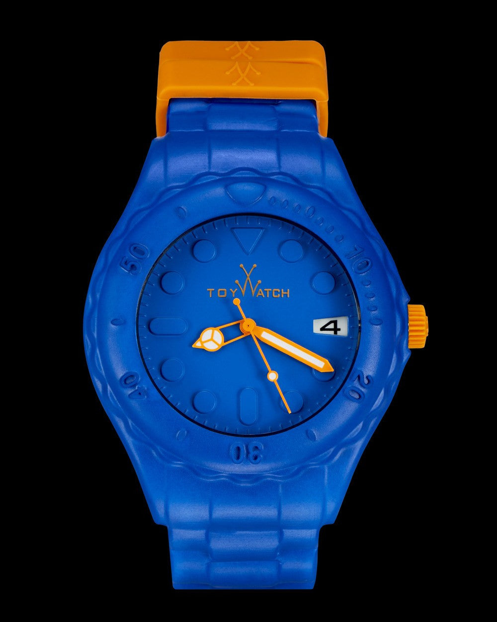 ToyWatch TOYFLOAT Blue watch with a sleek blue dial and silver stainless steel bracelet.