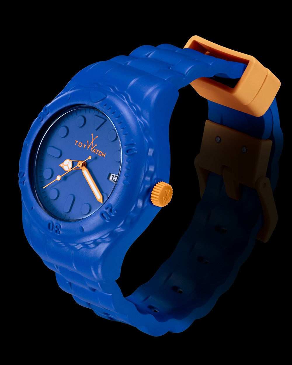 ToyWatch TOYFLOAT Blue watch with a sleek blue strap and round dial, showcasing a modern and stylish design.