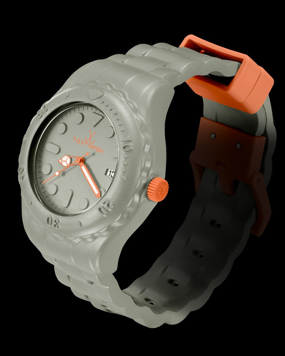 ToyWatch ToyFloat Hunter Green watch with a green silicone strap and round dial, stylish and sporty accessory.