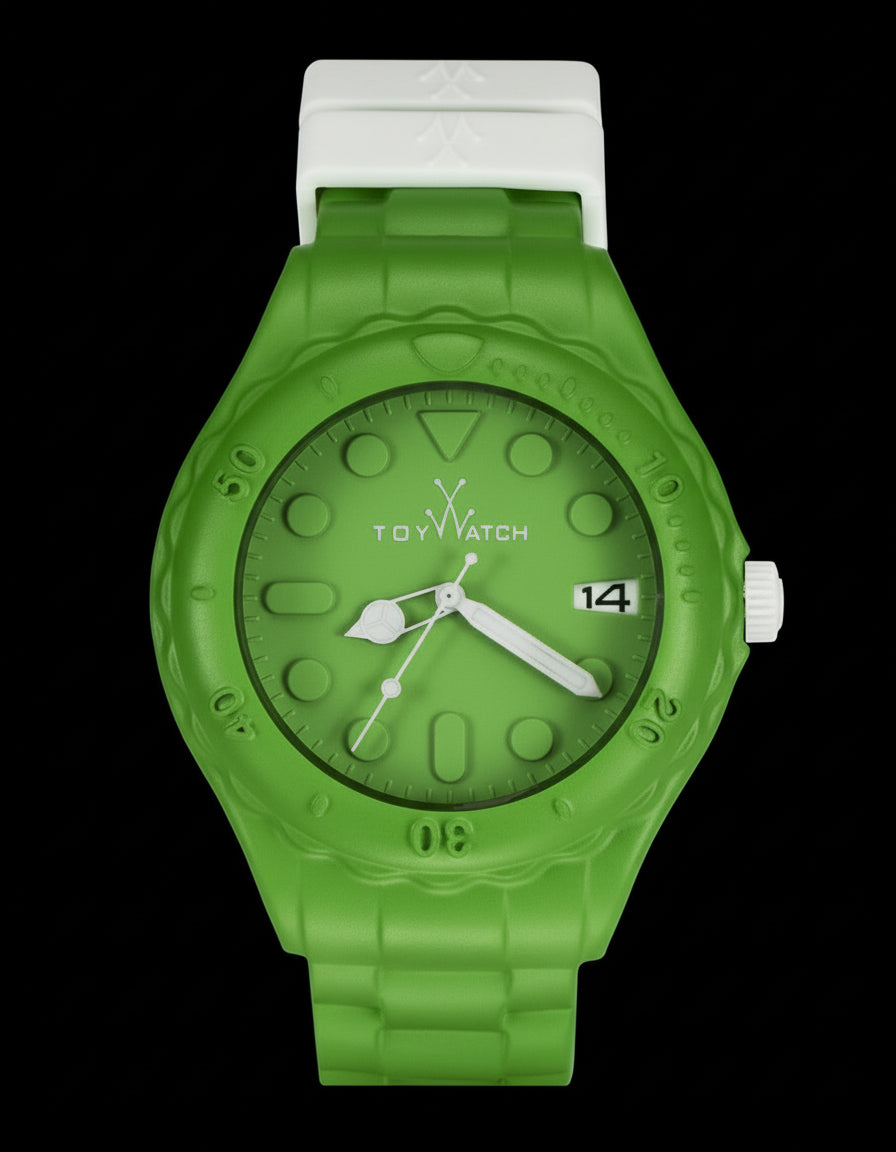 Dark green ToyWatch ToyFloat watch with round dial and silicone strap, displayed in a close-up image.