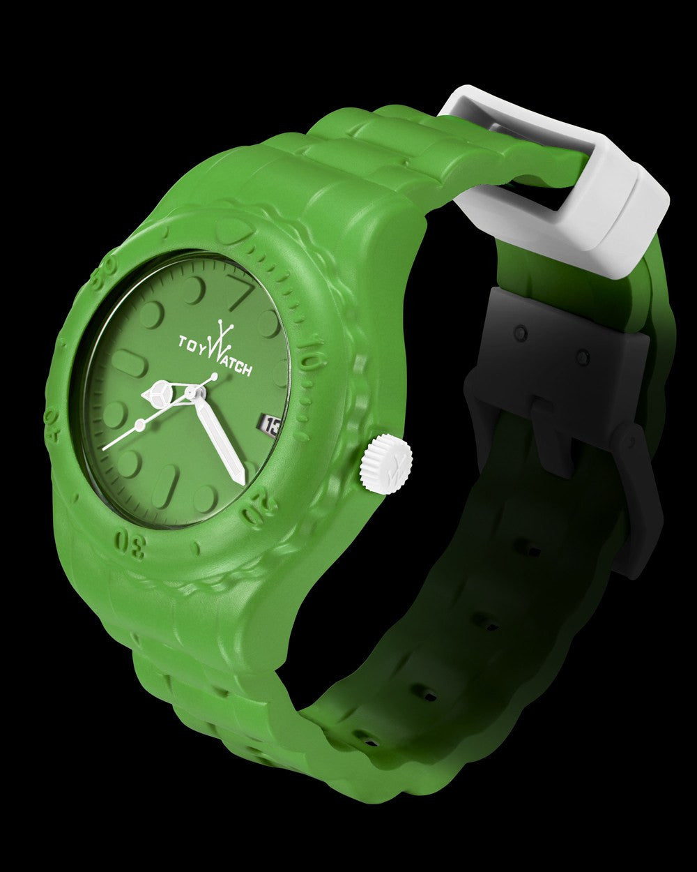 Dark green ToyWatch wristwatch with a round dial and metal strap, showcasing a sleek and stylish design.