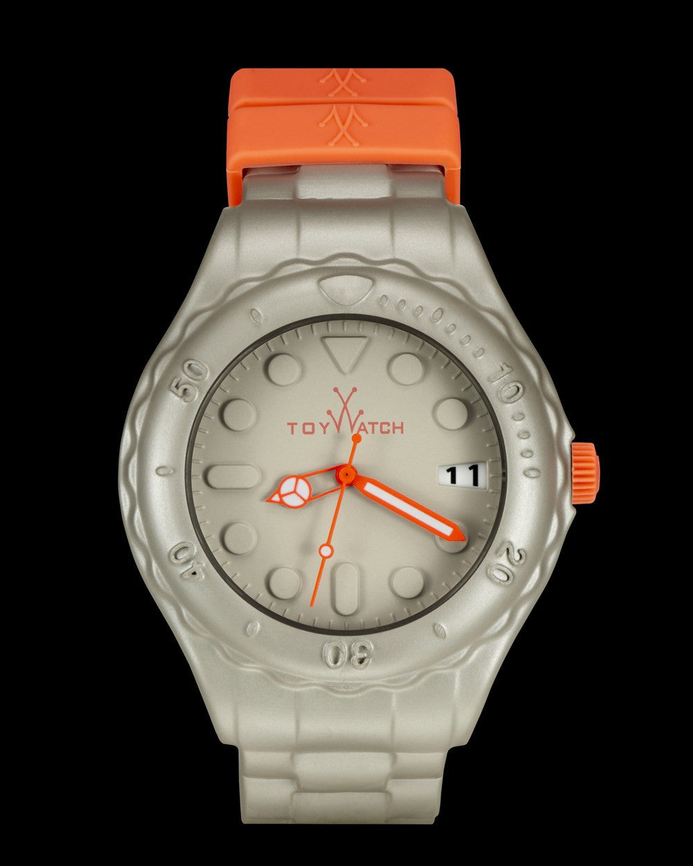ToyWatch ToyFloat Silver watch with sleek silver band and round face, showcasing modern design and minimalist style.