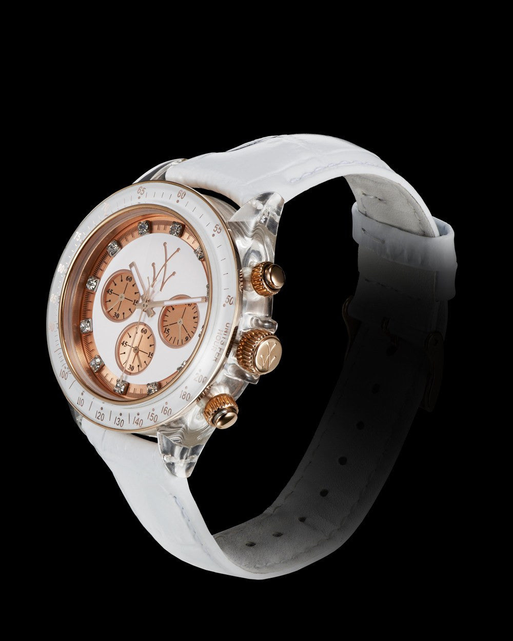 White ToyWatch watch with round face and silver details, featuring a sleek white strap and minimalist design.