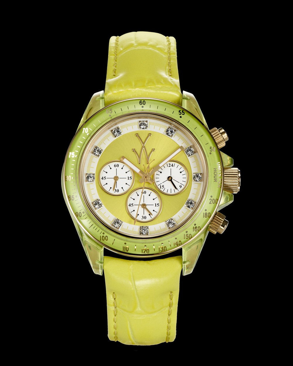 Yellow ToyWatch wristwatch with a round dial and metal band, featuring a modern design and clear face.