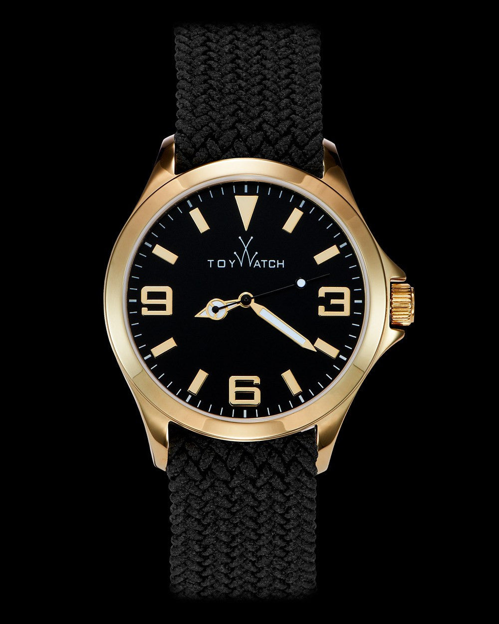 ToyWatch ToyCruise metal watch with black and gold finish, front view showcasing sleek design and stylish details.