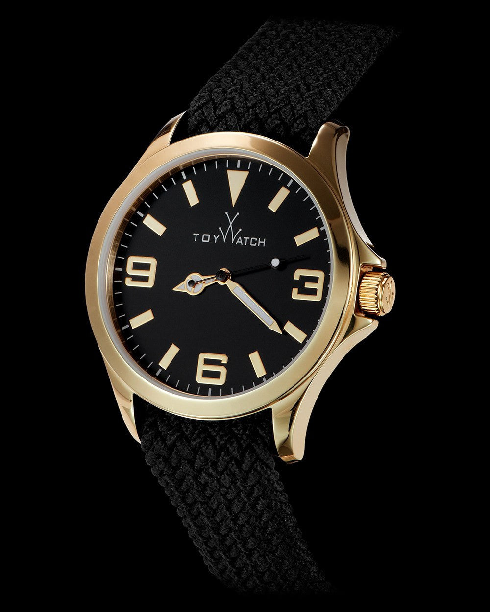ToyWatch Toycruise metal watch with black and gold finish, showcasing a side view of the sleek, stylish timepiece.