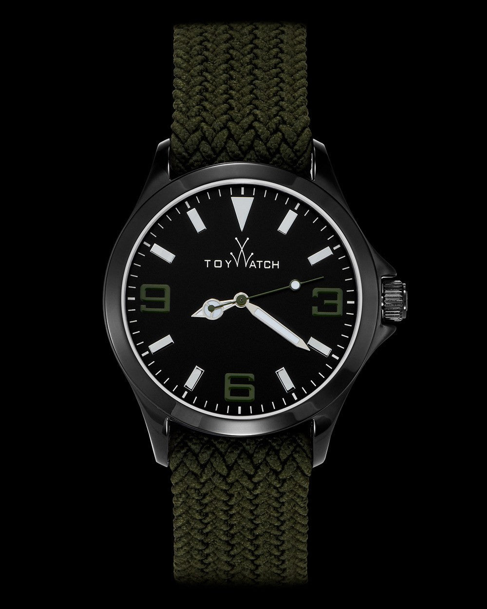 ToyWatch ToyCruise metal watch with hunter green and IP black finish, featuring a round dial and sleek design.