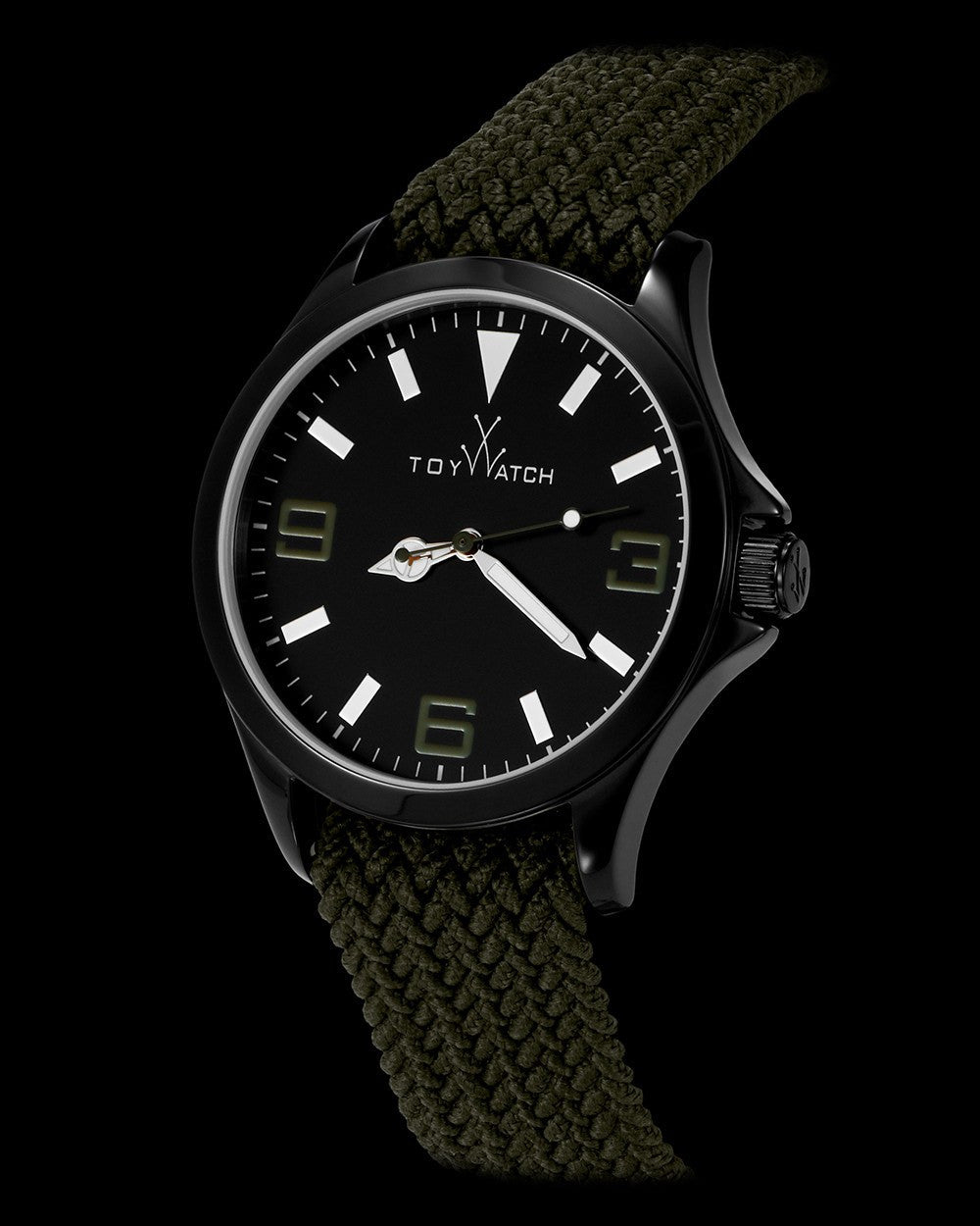 ToyWatch ToyCruise metal watch with hunter green strap and black IP bezel, side view showing sleek design and modern style.