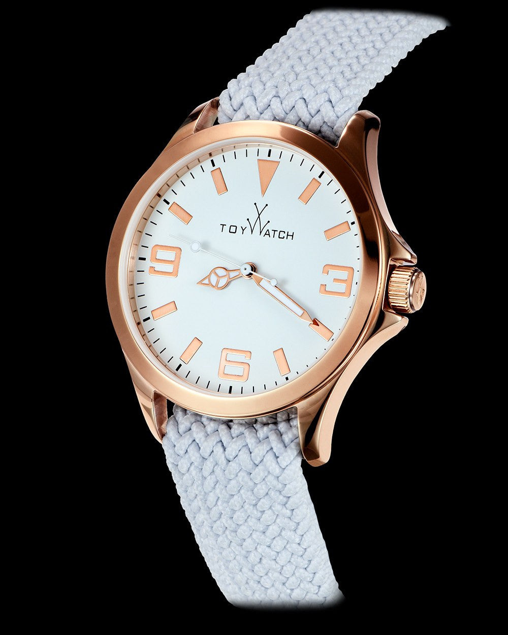 ToyWatch ToyCruise metal watch with white and pink gold finish, showing the side view with a sleek design.
