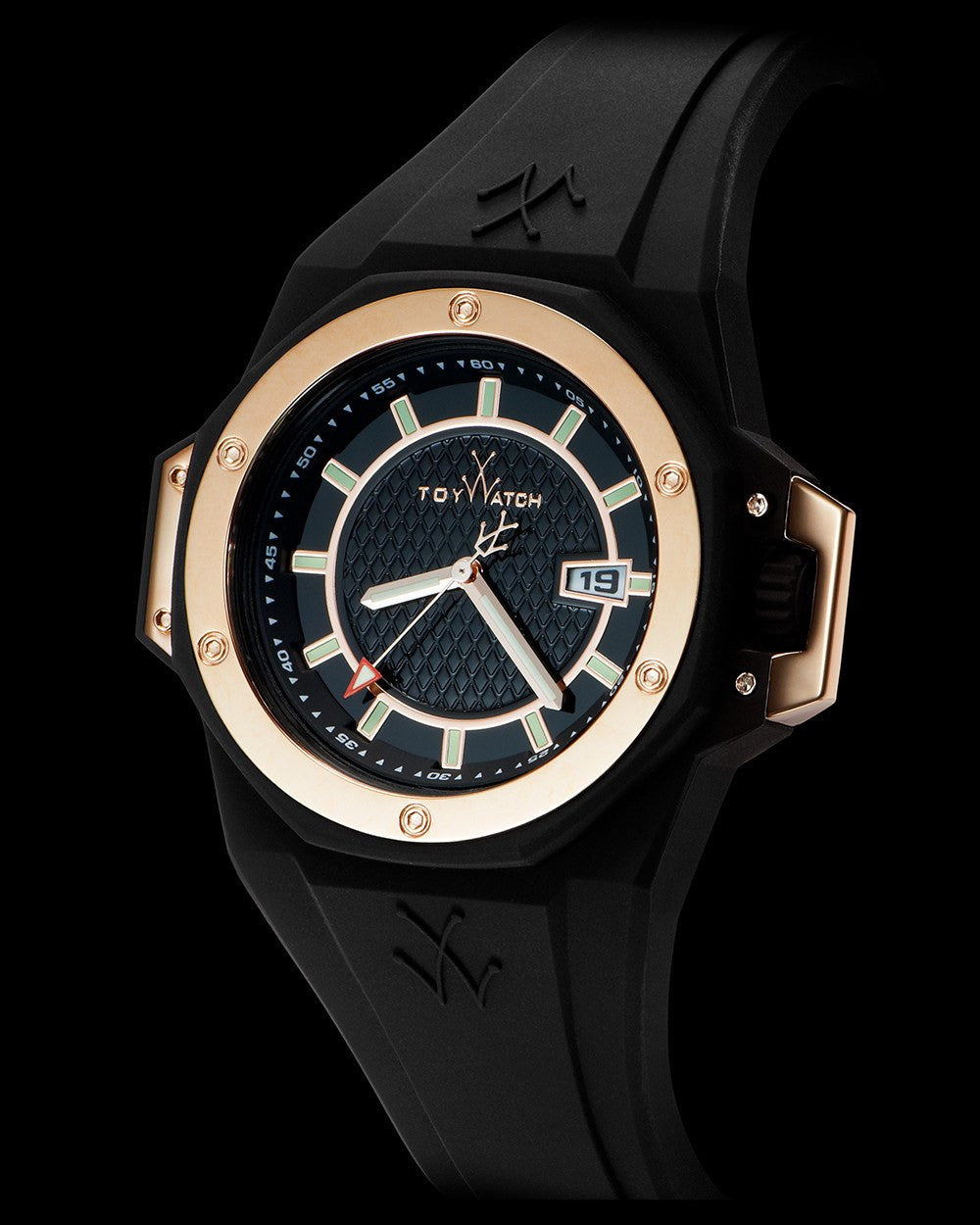ToyWatch TOYSTRONG black and rose gold watch shown from the side, featuring a sleek black strap and rose gold accents.