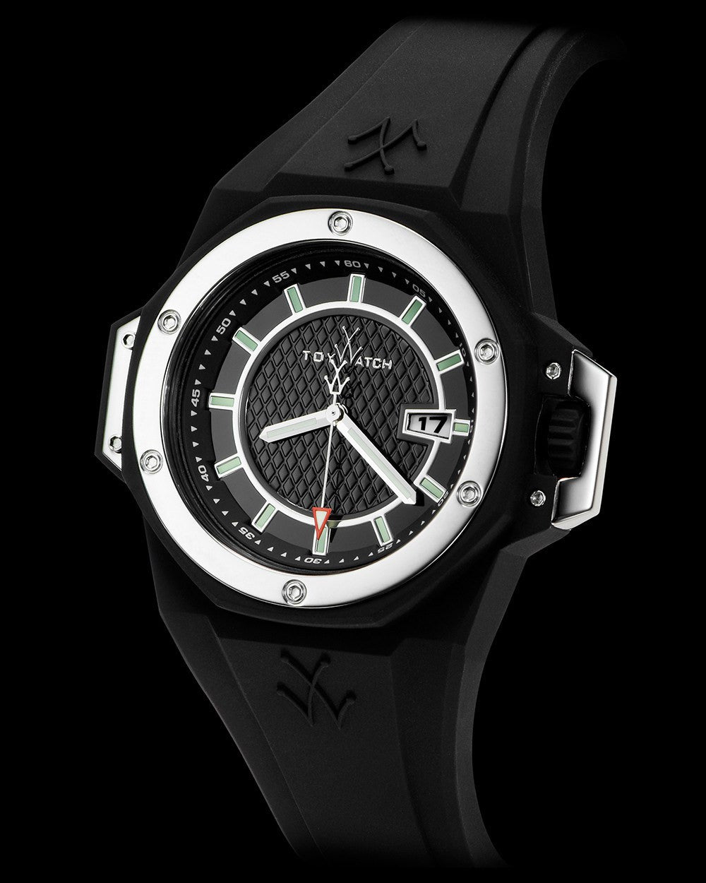 ToyWatch TOYSTRONG black and silver wristwatch with round dial and metal band, side view showing sleek design.