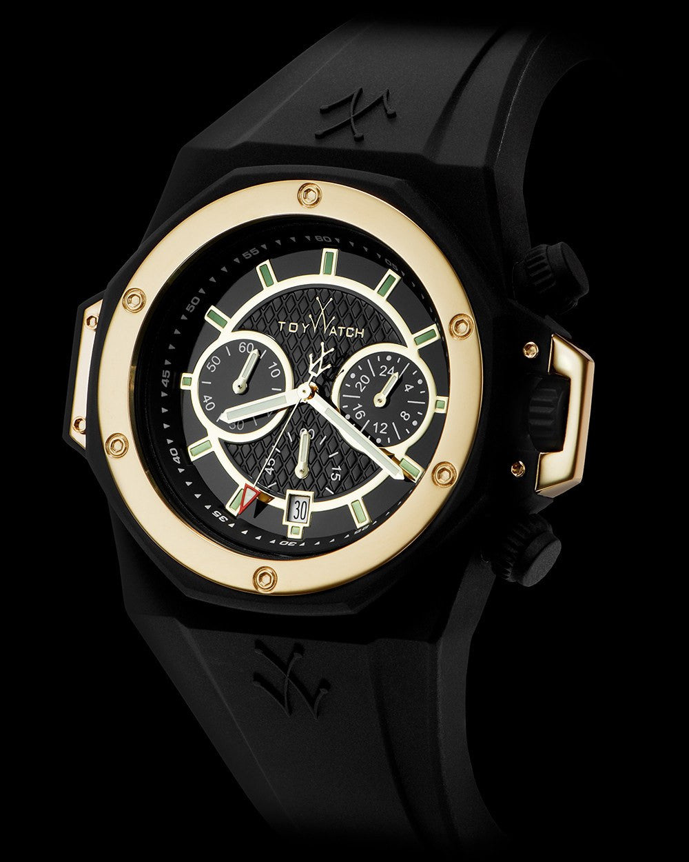 ToyWatch TOYSTRONG Chrono black and gold watch showing side view with black strap and gold accents, detailed dial and pushers.