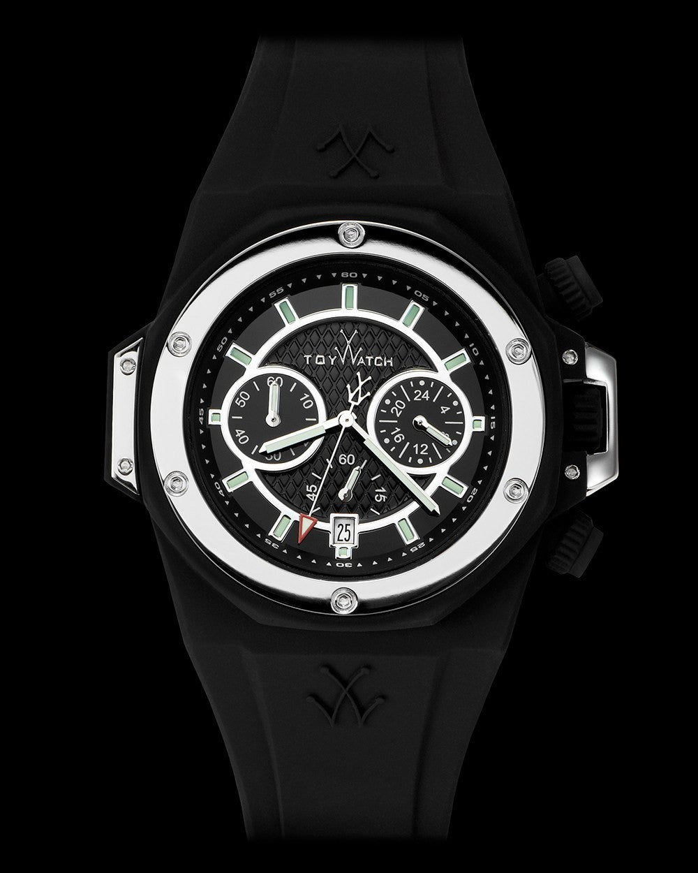 ToySTRONG Chrono black and silver watch by ToyWatch, featuring a sleek dial and stainless steel strap, front view.