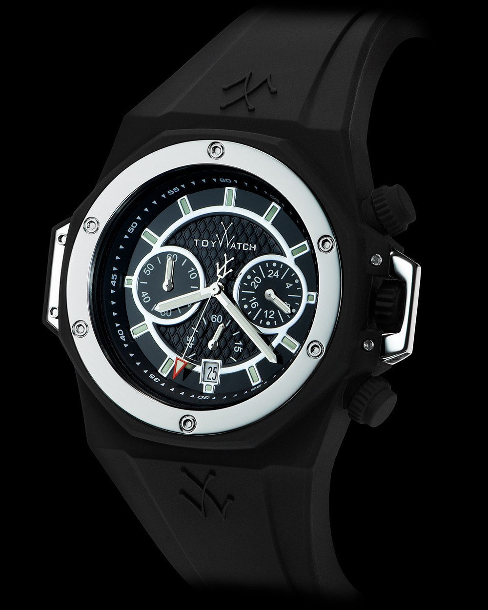 ToyWatch ToyStrong Chrono watch with black and silver dial, stainless steel case, and side view showing chronograph features.