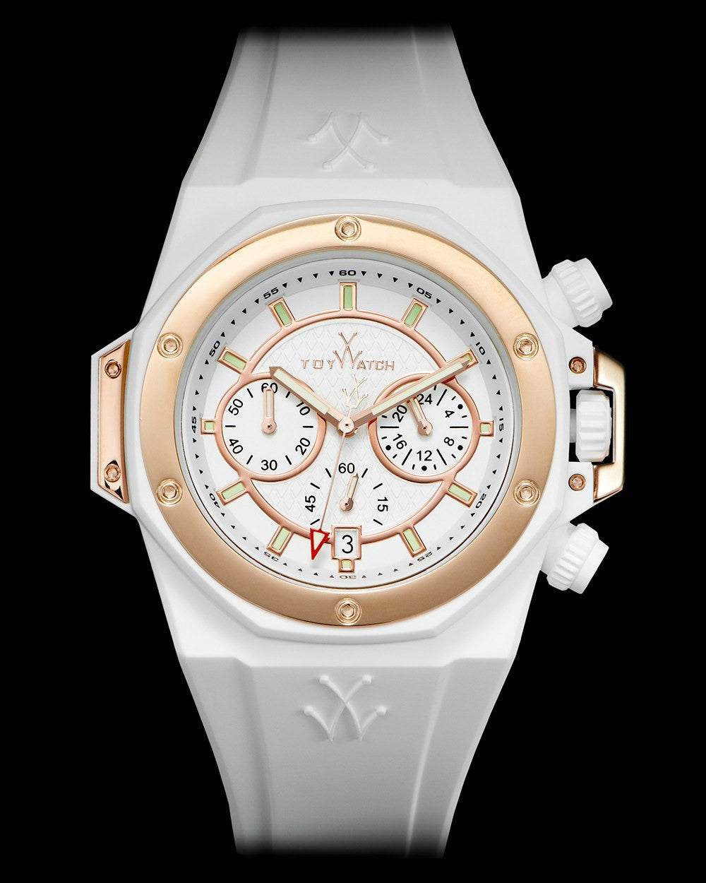 ToyWatch ToyStrong Chrono watch with white dial and rose gold case, featuring a sleek band and chronograph subdials.