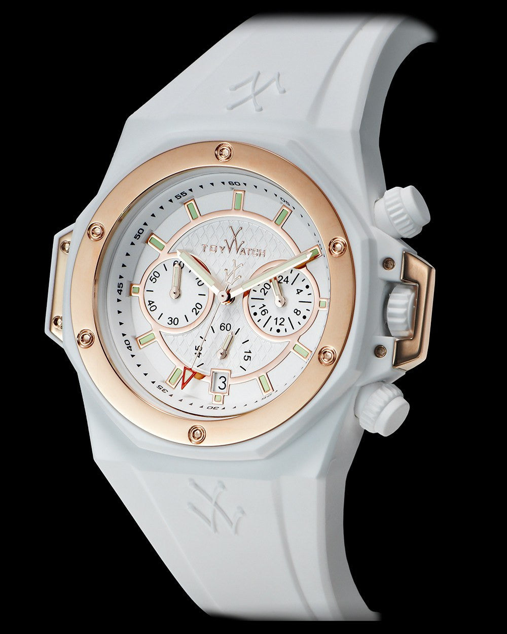 ToyWatch ToyStrong Chrono watch with white dial and rose gold case, side view showing sleek design and elegant details.