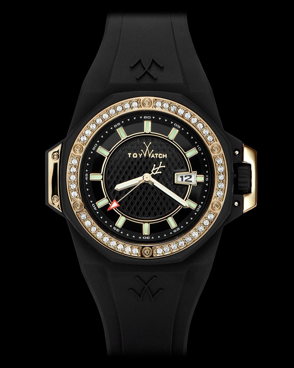ToyWatch TOYSTRONG Stones black and gold watch with a sleek design and gold accents, front view showing the watch face and strap.