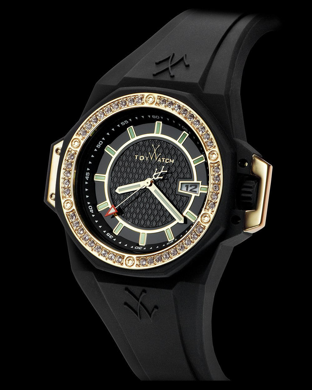 ToyWatch TOYSTRONG Stones black and gold watch with a sleek side view featuring a black strap and gold accents.