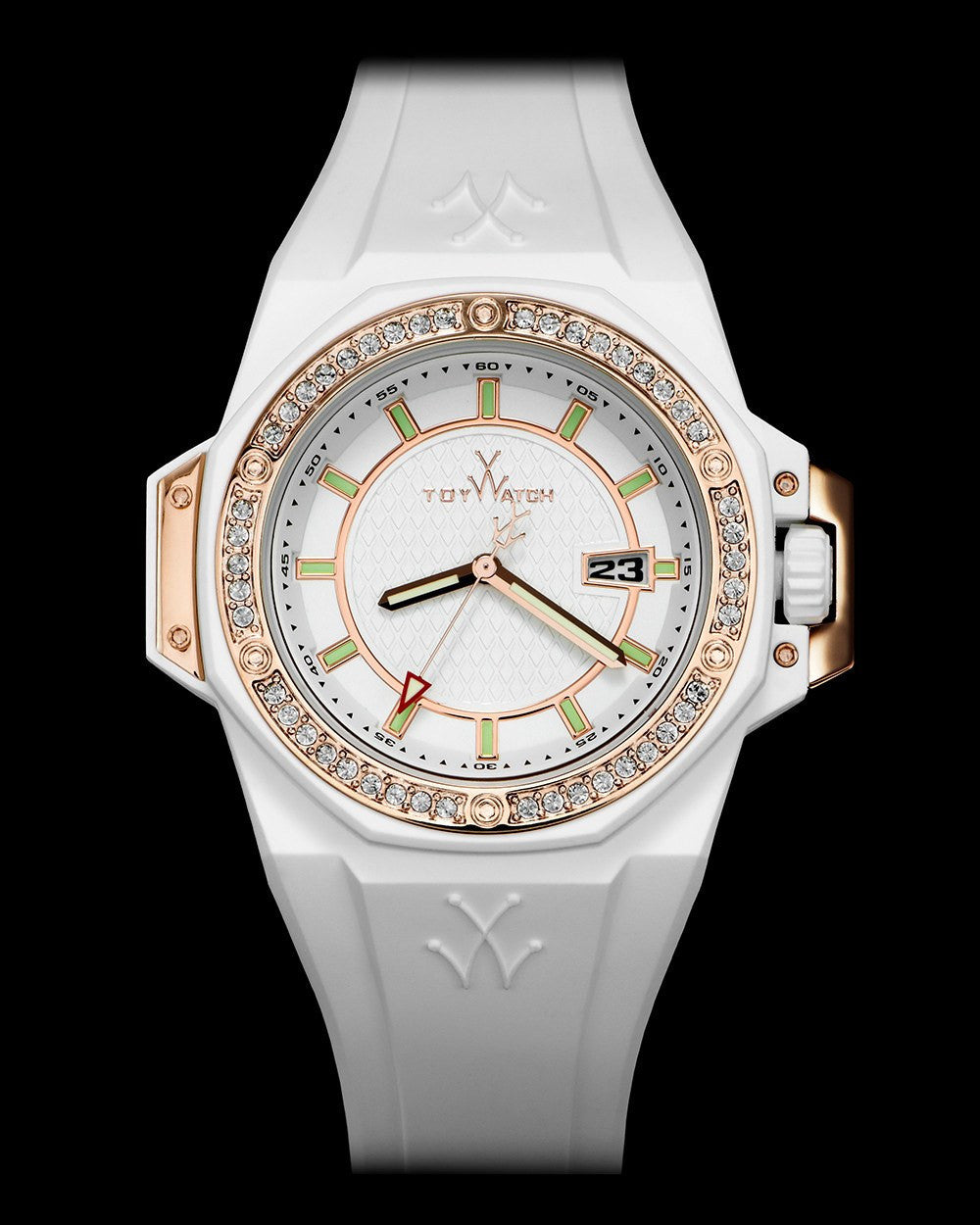 ToyWatch ToySTRONG Stones watch with white face and rose gold accents, featuring a stylish and modern design.