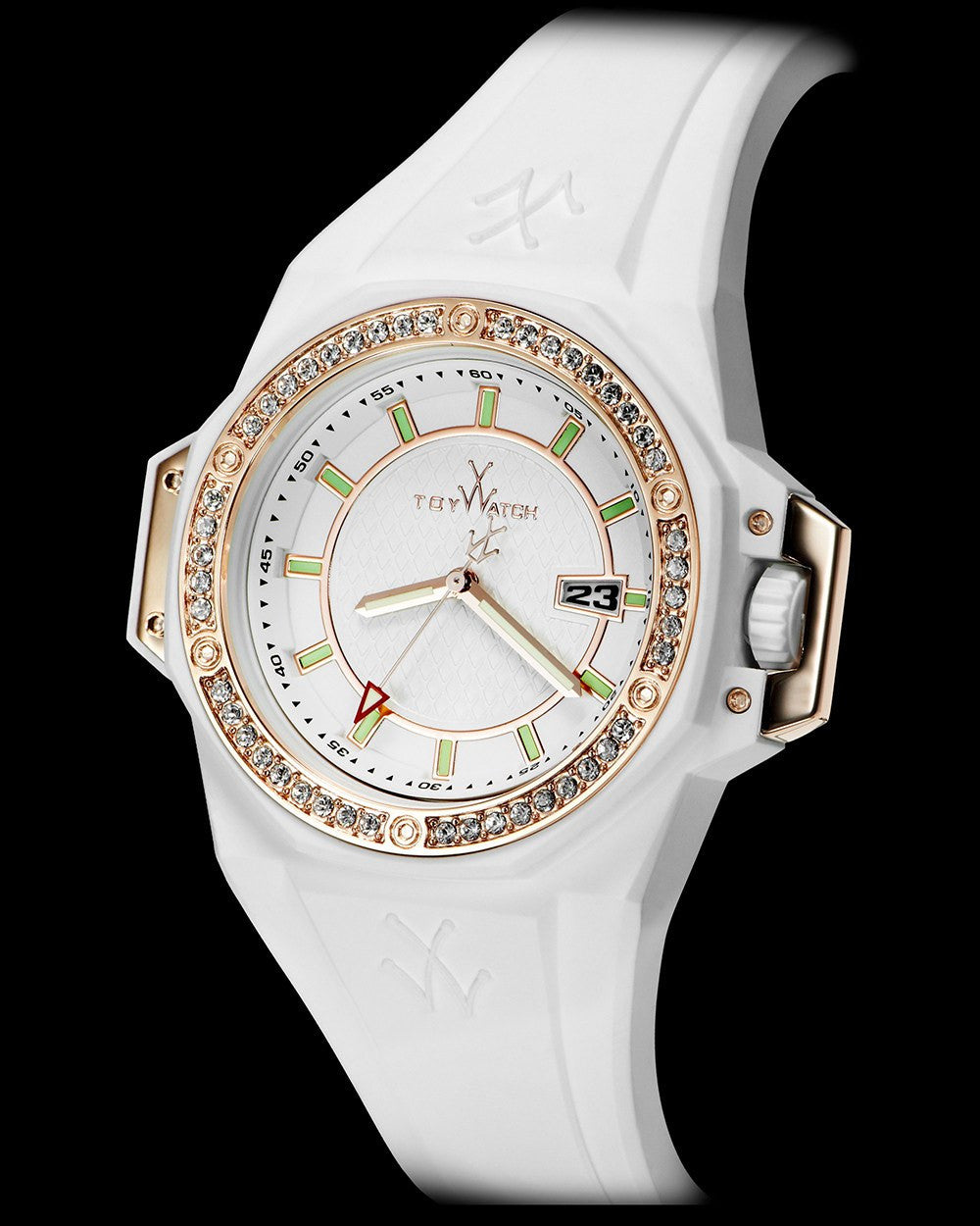 ToyWatch TOYSTRONG Stones watch with white face and rose gold accents, shown from a side angle.
