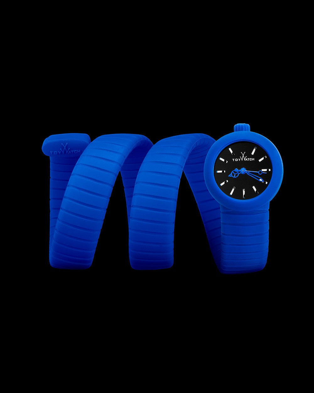 ToyWatch TOYVIPER Electric Blue watch with a vibrant blue dial and modern design, shown on a display stand.