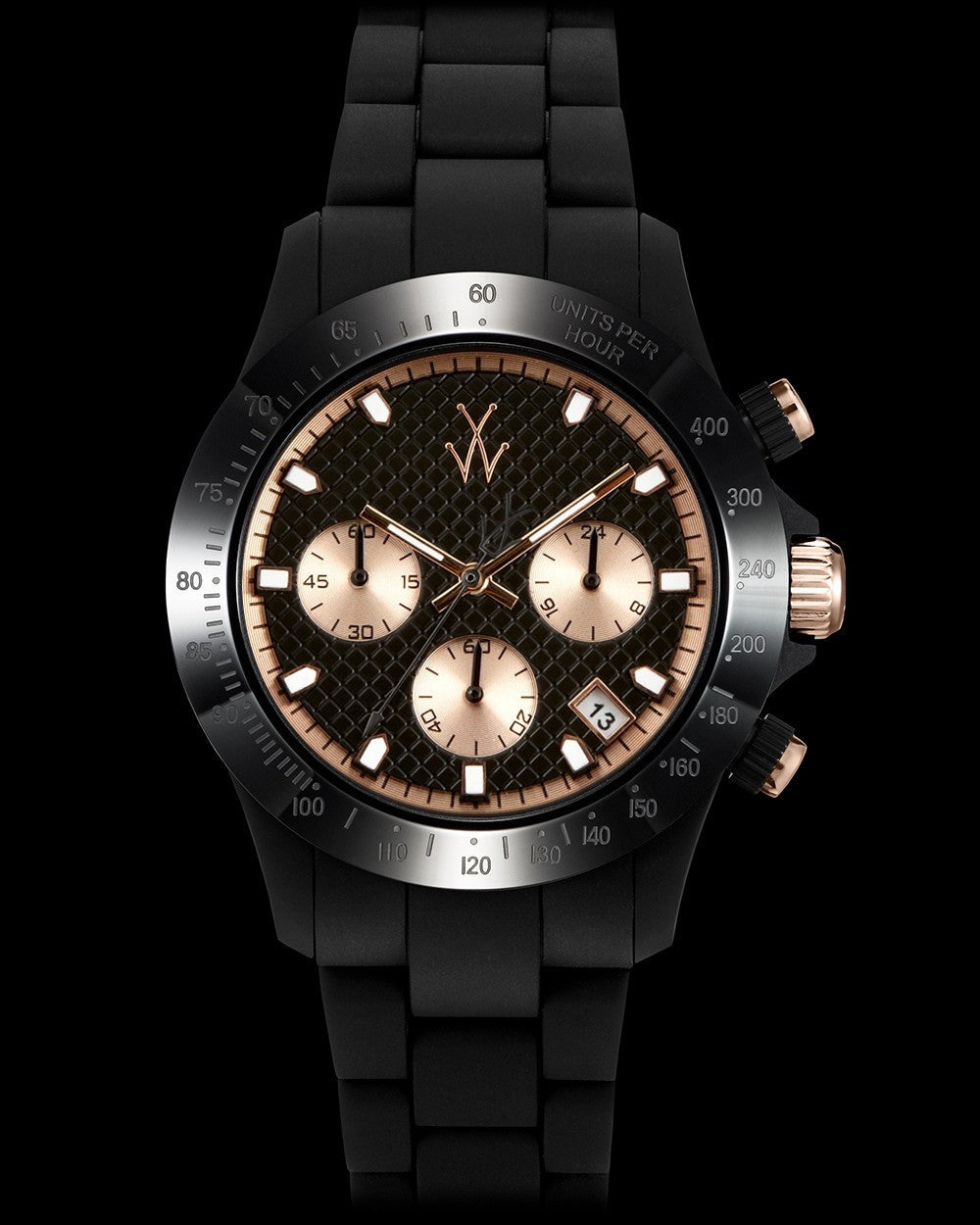 ToyWatch Velvety Chrono watch with black velvet strap, pink gold accents, and a sleek round dial featuring chronograph functions.