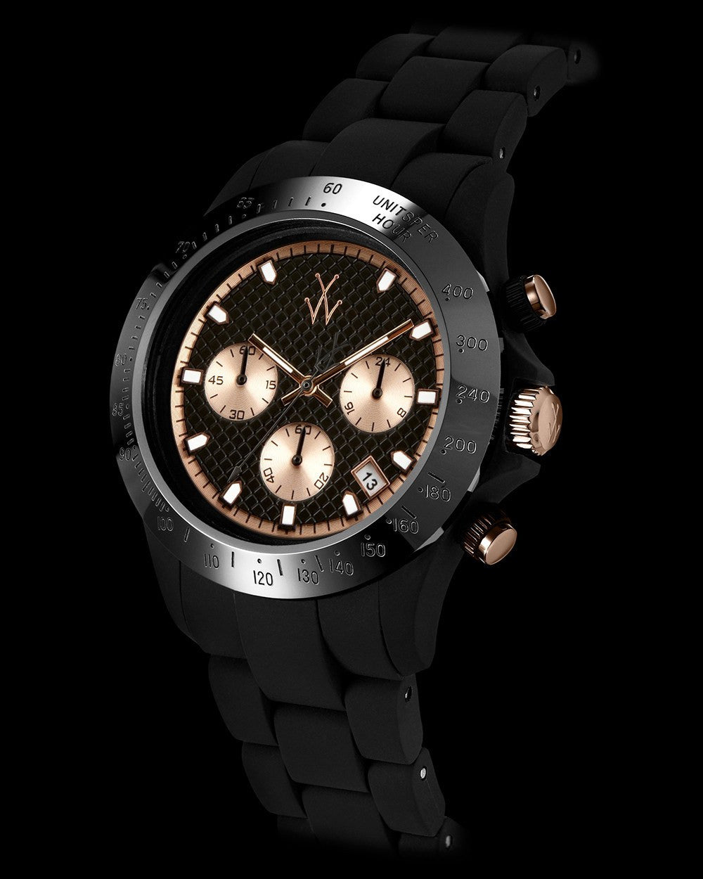 ToyWatch Velvety Chrono watch with black strap, pink gold case, and black dial, showcasing a sleek and modern design.