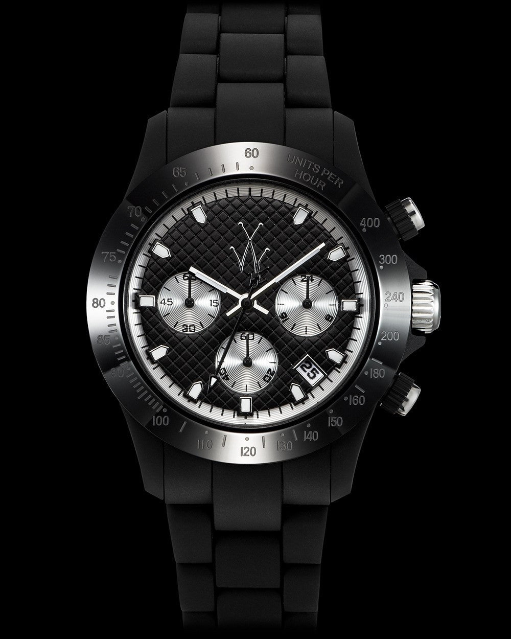 ToyWatch Velvety Chrono black and silver watch with a sleek dial and metallic strap, showcasing modern style and precise craftsmanship.