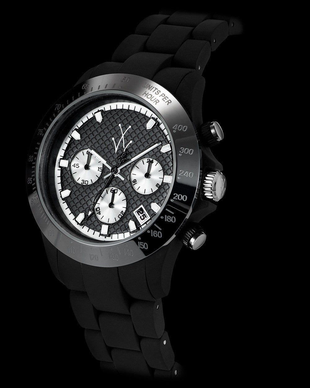 ToyWatch Velvety Chrono black and silver watch with a sleek round dial and velvety black strap, stylish and modern accessory.