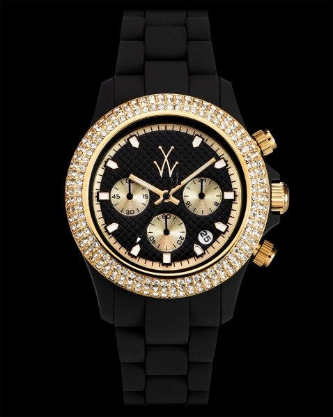 ToyWatch Velvety Chrono black and yellow gold watch with stones, featuring a sleek dial and elegant design.