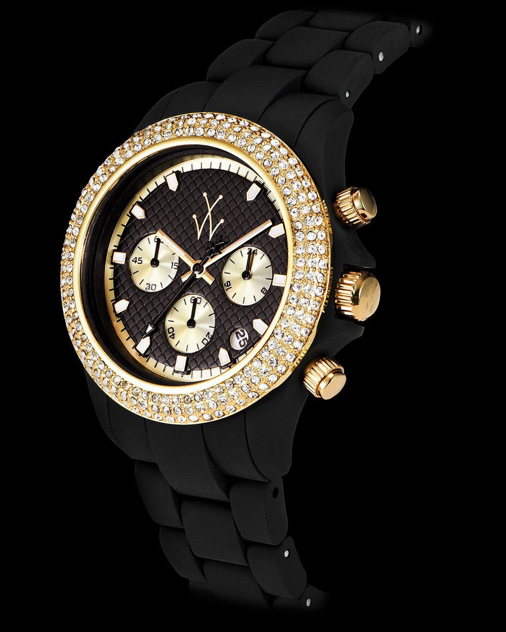 ToyWatch velvety chrono watch with black strap, yellow gold accents, and sparkling stone details, shown from a side angle.