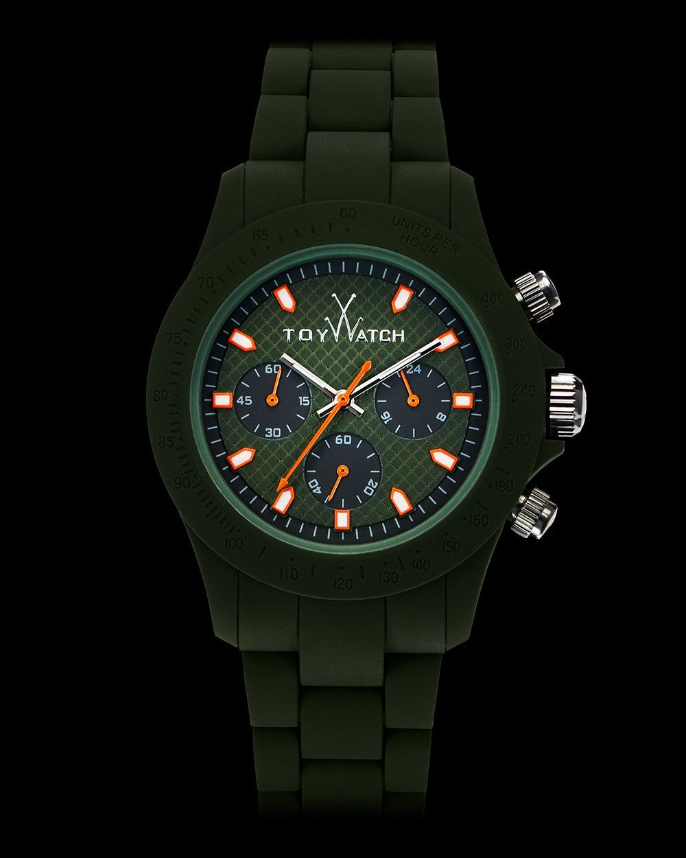 ToyWatch Velvety Chrono Green watch with a green dial and velvety strap, showcasing its sleek design and chronograph features.