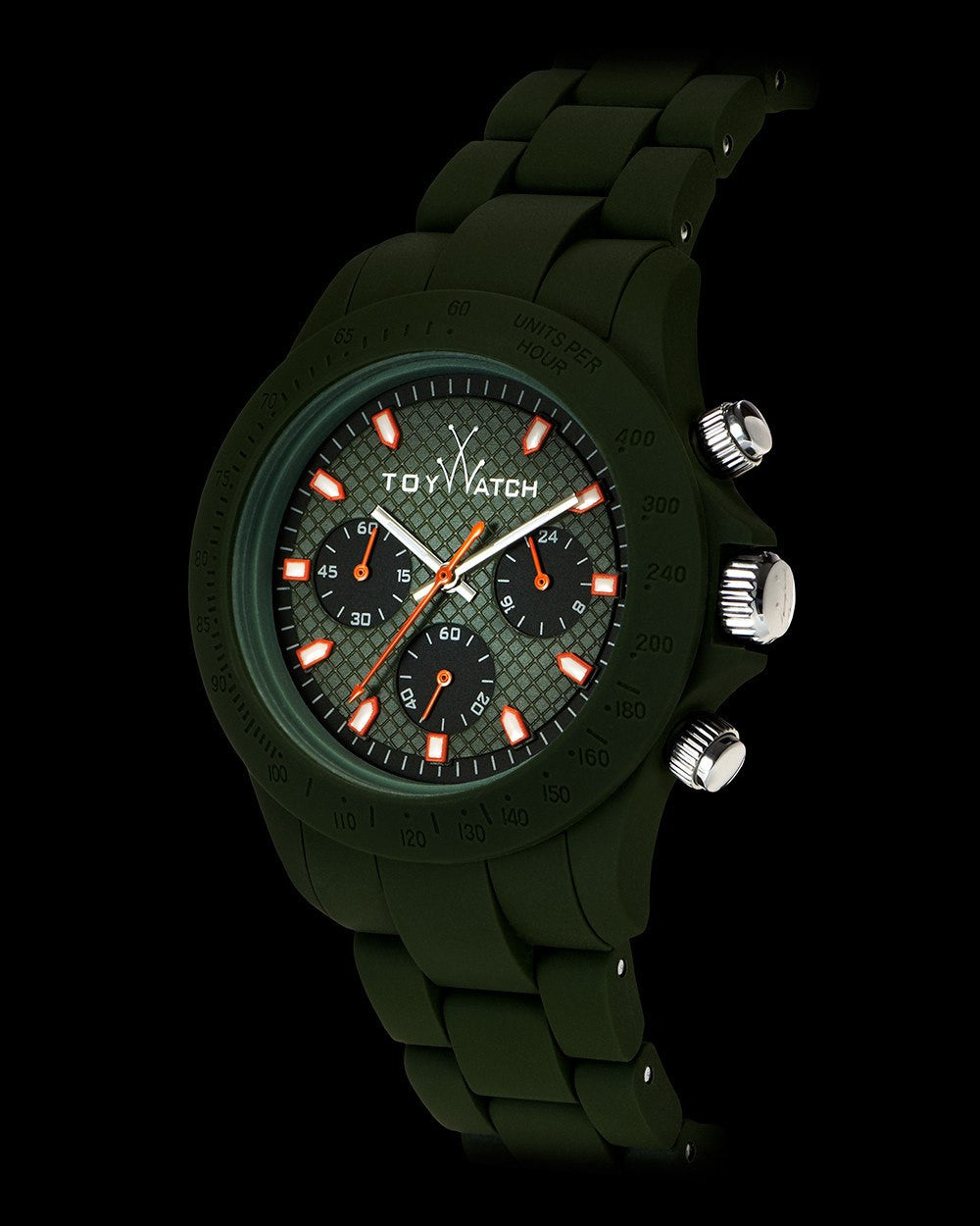 ToyWatch VELVETY CHRONO GREEN watch with a velvety green dial and stainless steel case, shown from a side angle.