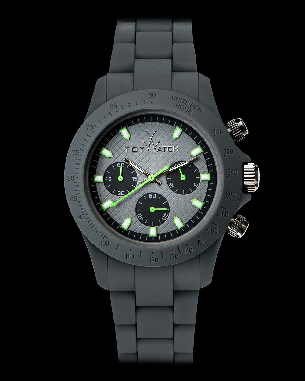 ToyWatch Velvety Chrono Grey watch with a sleek grey dial and modern design, displayed from the front view.