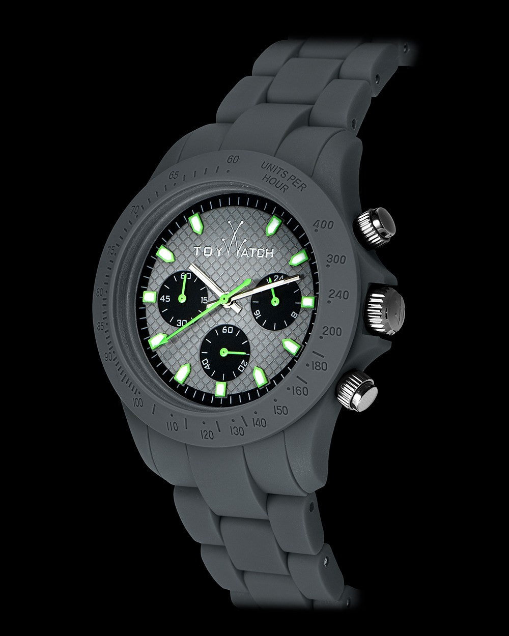 ToyWatch Velvety Chrono Grey watch with a grey dial and matching grey strap, showcasing a sleek and modern timepiece design.