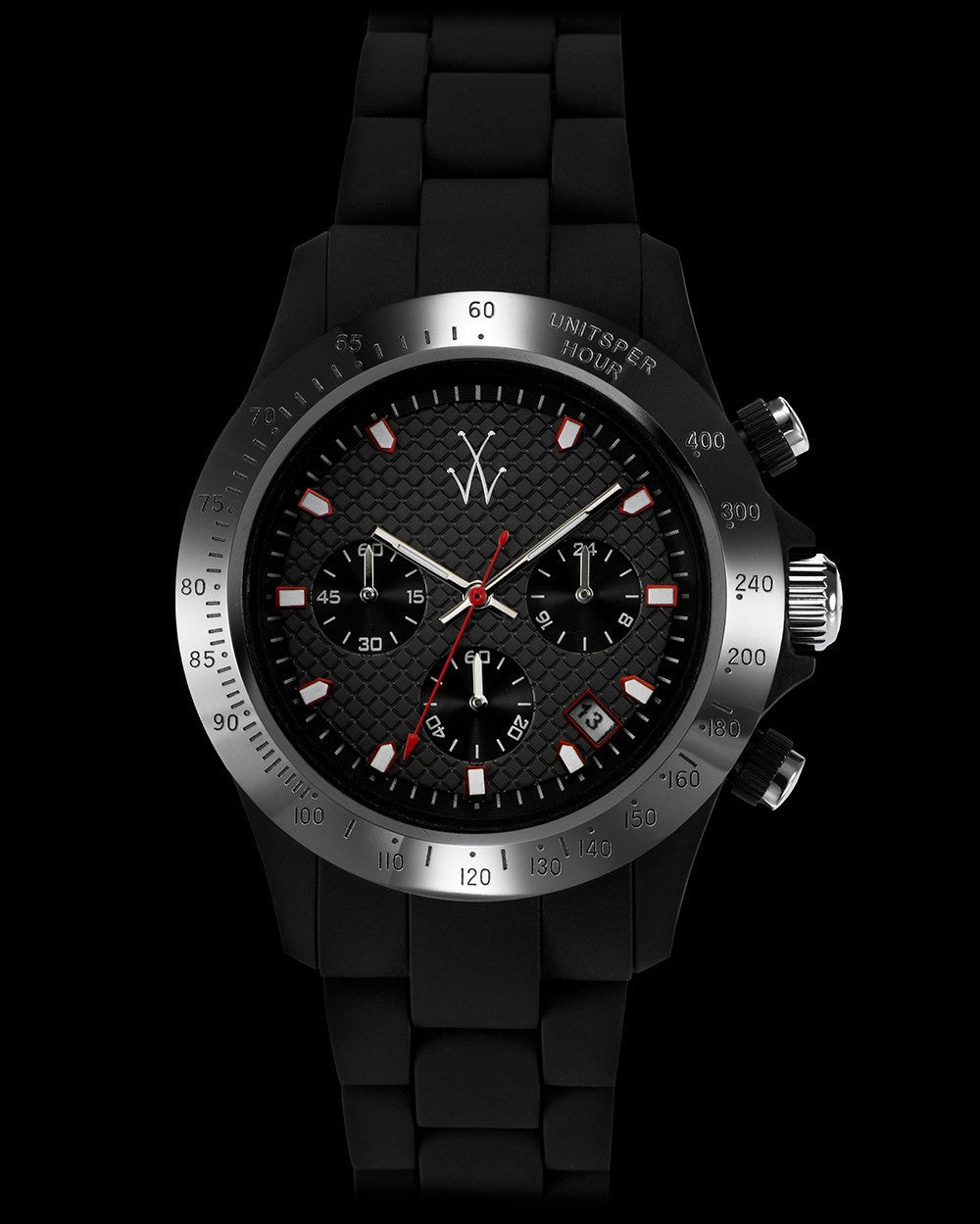 ToyWatch VELVETY CHRONO GUN watch with a sleek velvety strap and chronograph dial, shown from the front.