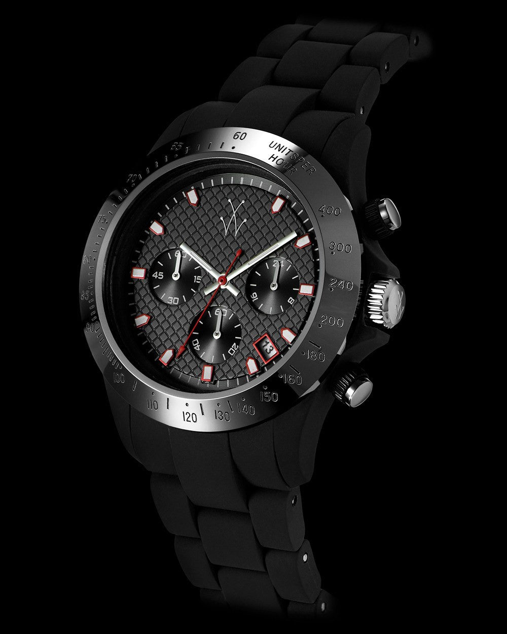 ToyWatch Velvety Chrono Gun watch with black velvety strap and detailed dial, stylish and modern timepiece.