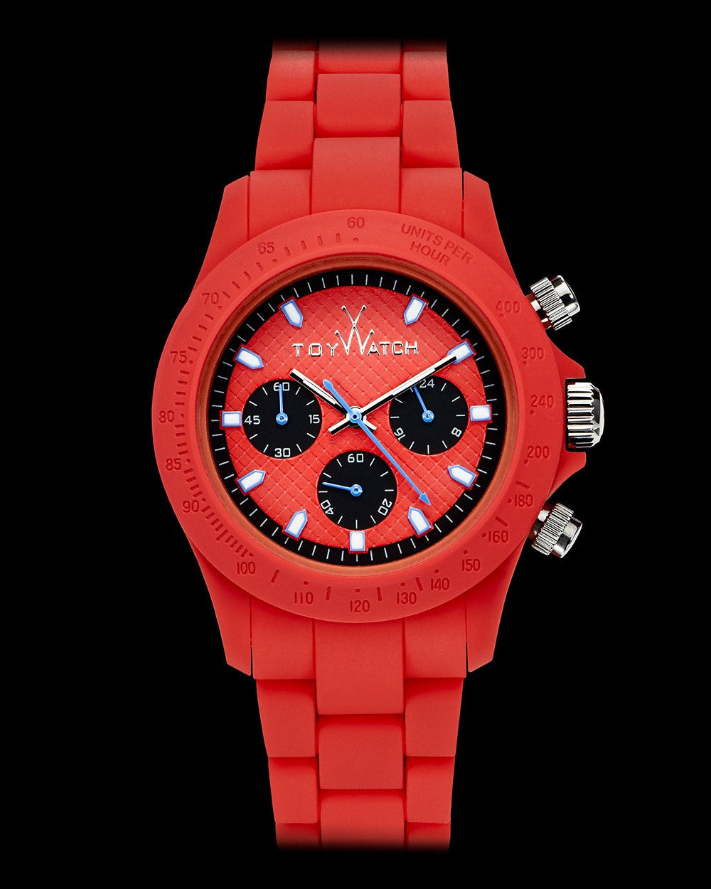 ToyWatch Velvety Chrono Red watch with red velvety strap and silver dial, front view showcasing sleek design and chronograph features.