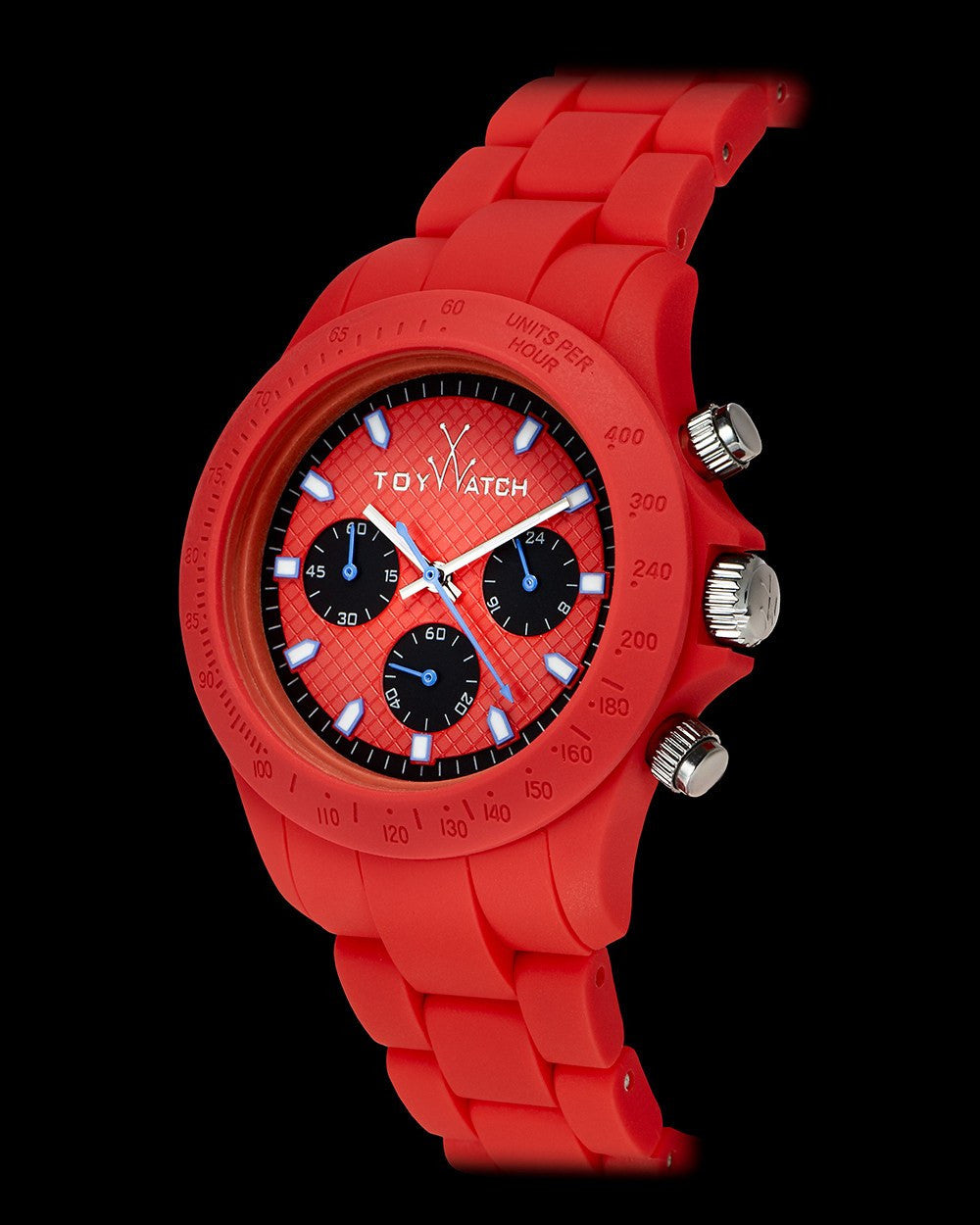ToyWatch Velvety Chrono Red watch featuring a red dial, stainless steel case, and a sleek, modern design seen from the side.