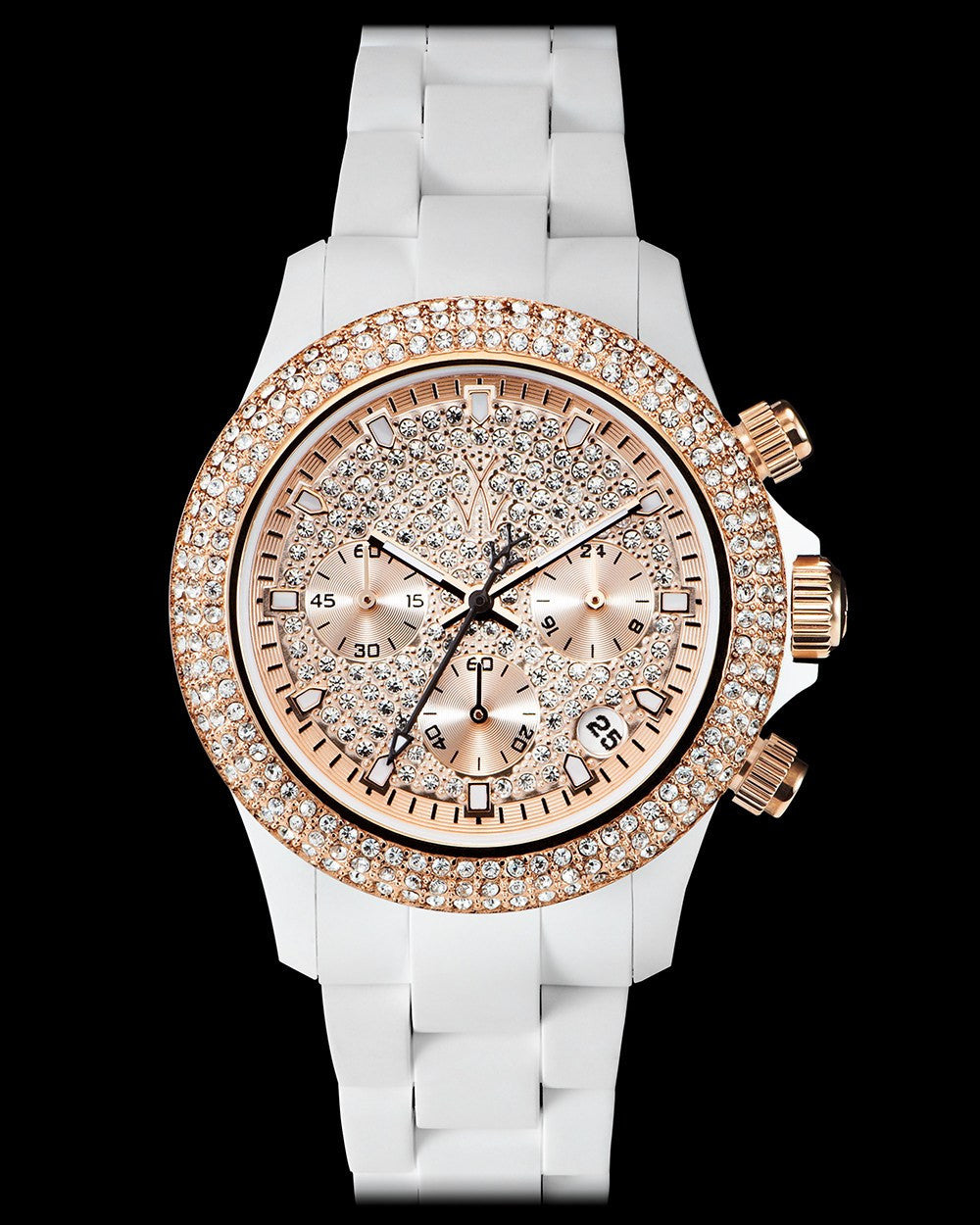 ToyWatch Velvety Chrono watch with white and pink gold finish and embedded stones, featuring a stylish and elegant design.