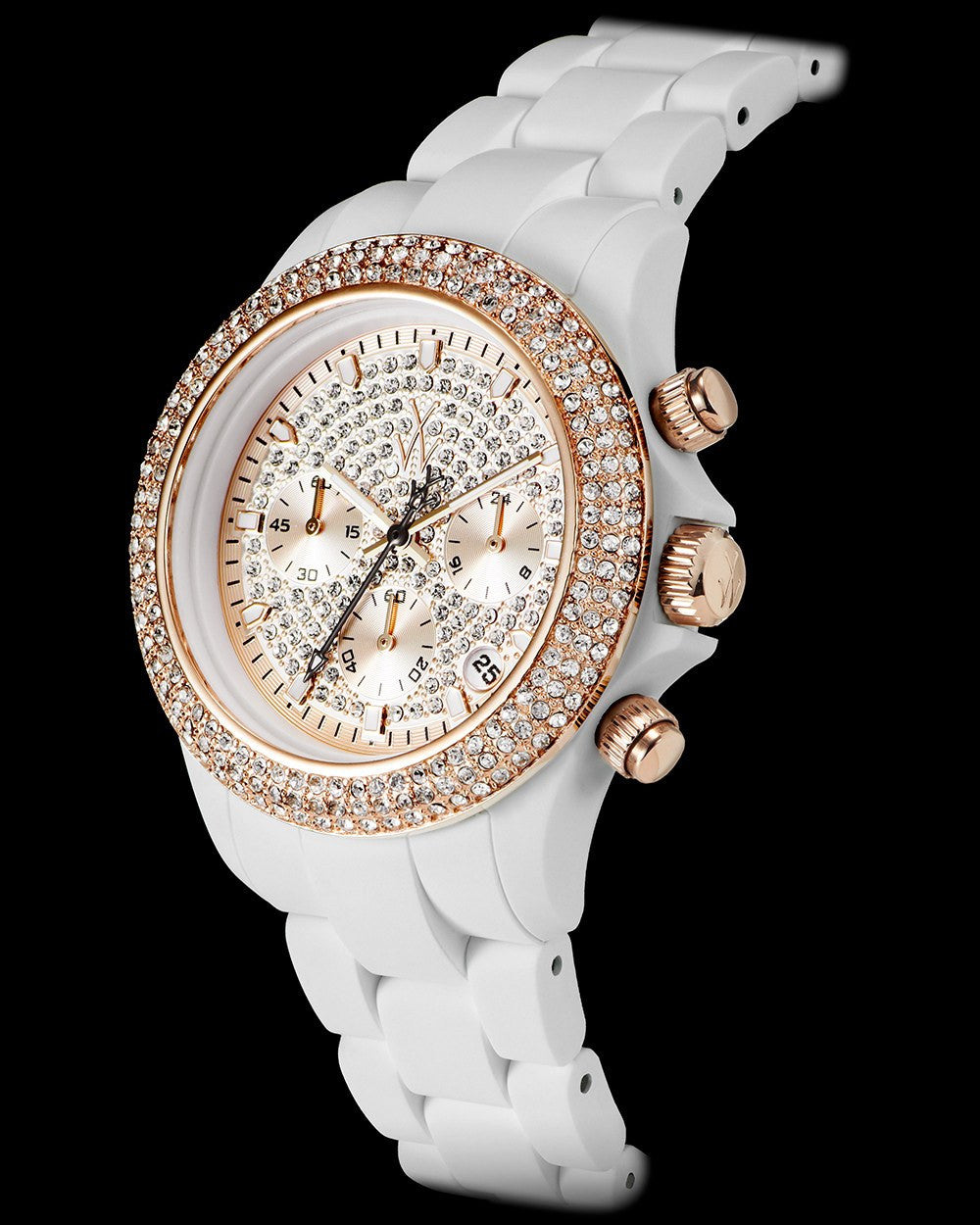 ToyWatch Velvety Chrono watch with white and pink gold tones and stone accents, shown from a side angle.