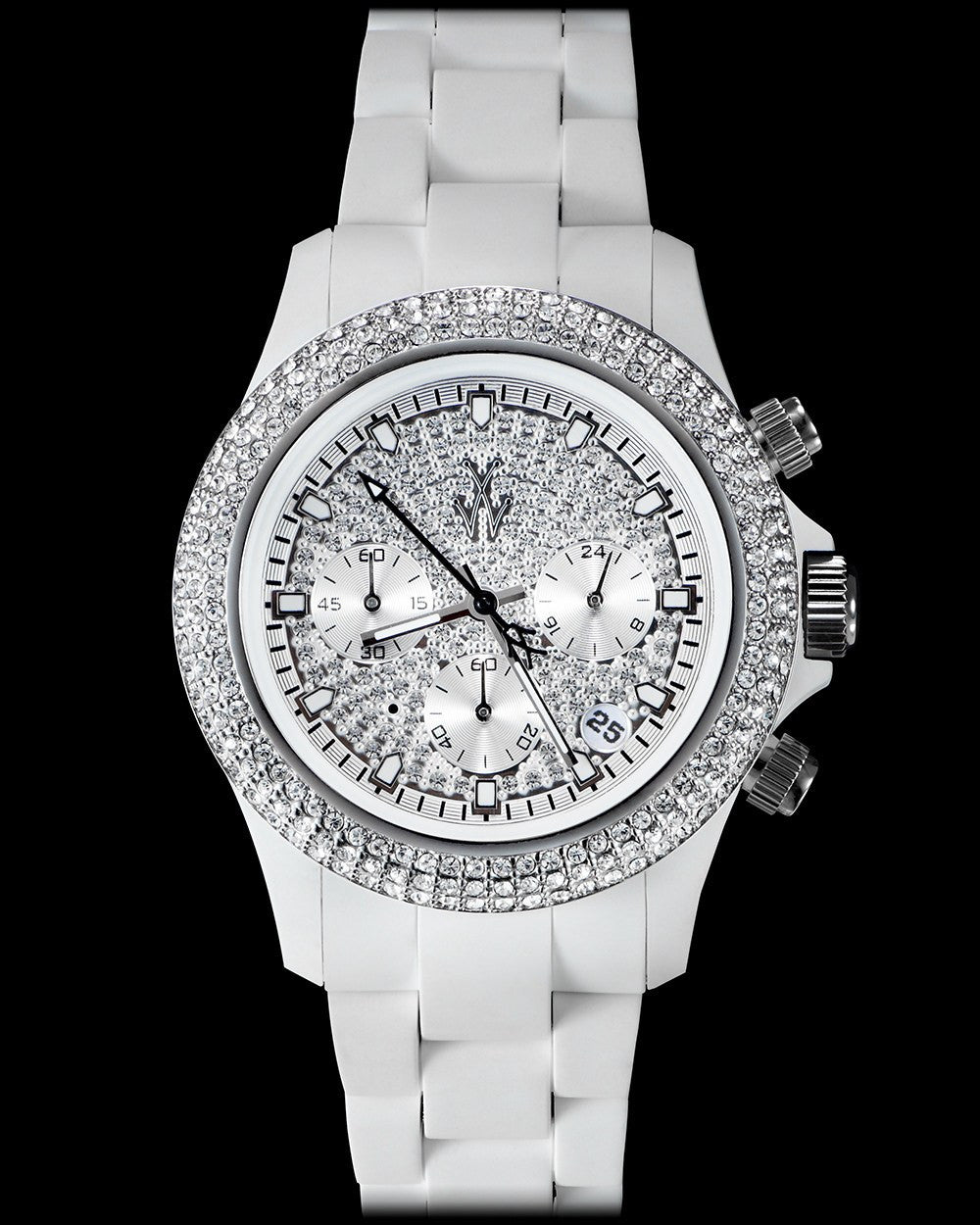 ToyWatch velvety chrono watch with white and silver design featuring decorative stones, close-up of stylish, elegant timepiece.
