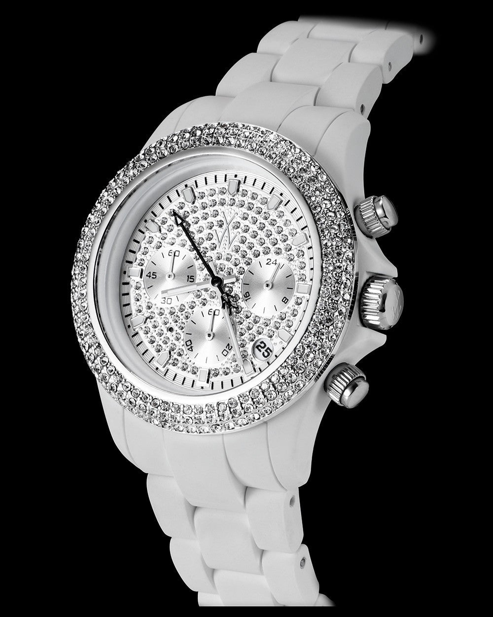 ToyWatch velvety chrono watch in white and silver with decorative stones, showcasing a stylish and elegant design.